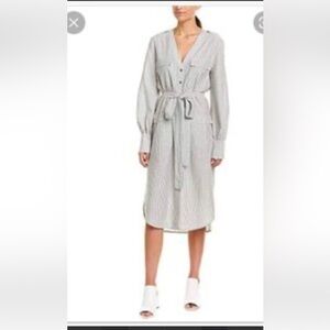 NWT BCBG grey combo pinstripe midi, curved hem dress size XS